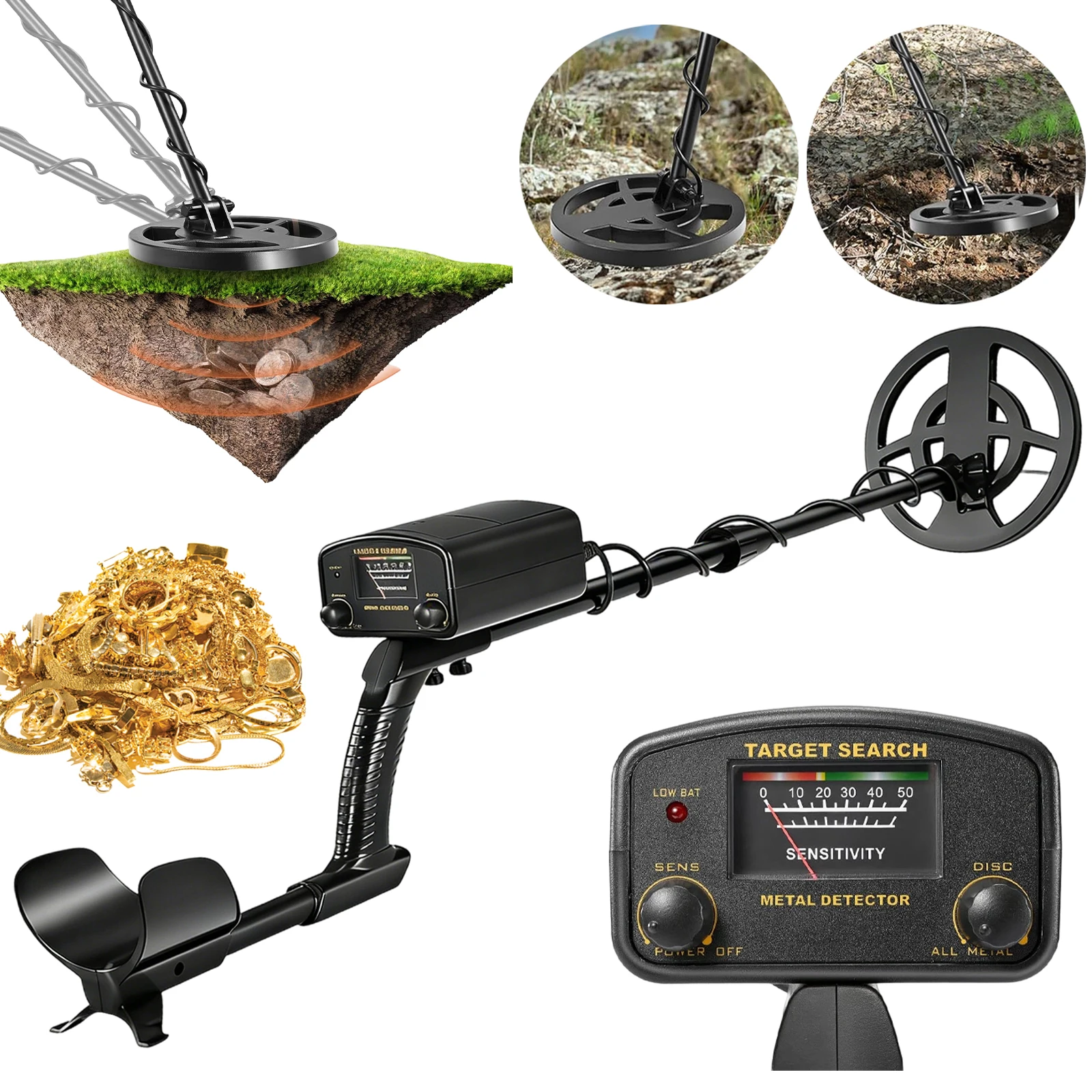 Kit de détection de métaux pour adultes et jeunes, détecteur de métaux professionnel d'entrée de gamme, détecteur de métaux de haute précision pour l'or et l'argent, bobine de détection d'or souterrain (noire)