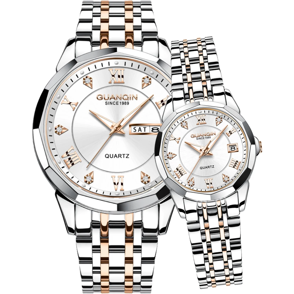 GUANQIN Couple Watches Luxury Fashion Stainless Steel Strap Original Quartz Wristwatch for Lover Waterproof Luminous Calendar