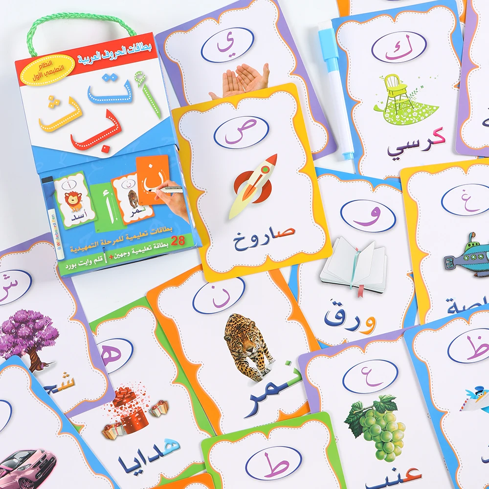 28 Double-Sided Erasable Arabic Alphabet Learning Cards with Whiteboard Markers, Complete Set of 28 Arabic Letters, Front Side with Images and Basic Vocabulary, Back Side with Stroke Order Tracing, Thick Waterproof Coating for Repeated Writing, Comes with a Portable Storage Box, Suitable for Adult Self-Study, Language Institution Teaching, and Arabic Language Research