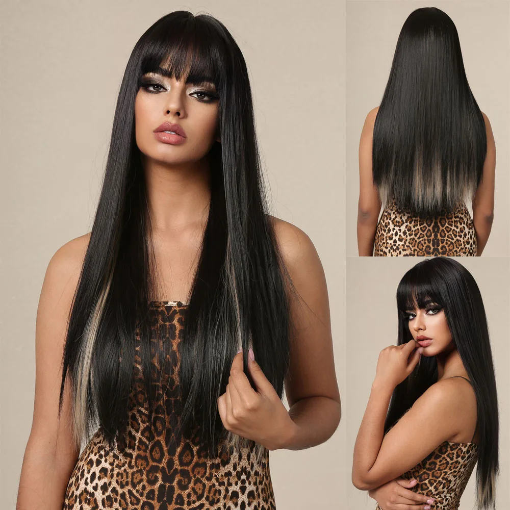 HENRY MARGU Long Straight Synthetic Wig with Bangs Black Mixed Blonde Hair Wigs for Women Cosplay Natural Wig Heat Resistant