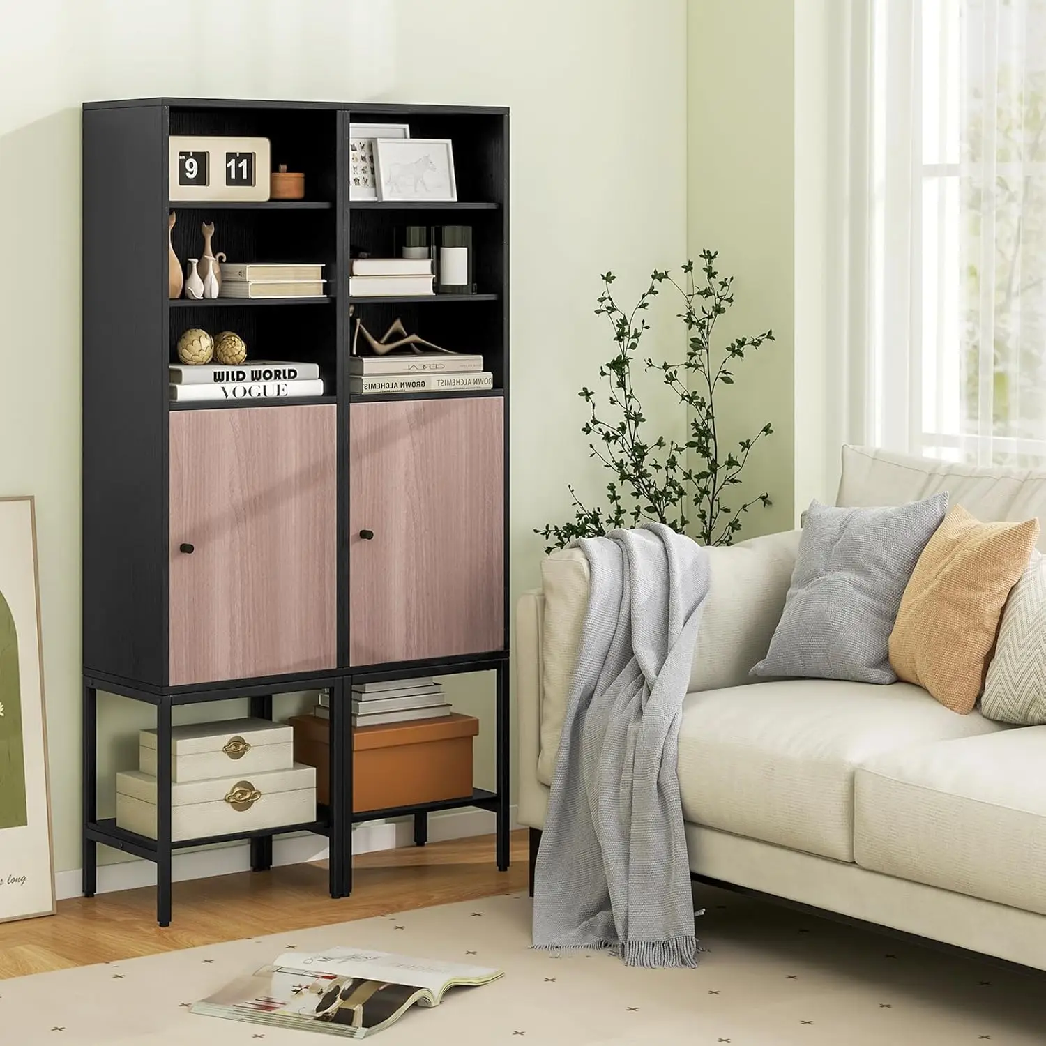 خزانة حمام طويلة مع باب واحد و4 أرفف، وخزانة أرضية ضيقة مقاس 57 بوصة ارتفاعًا مع أرفف قابلة للتعديل، وحمام نحيف طويل القامة #5