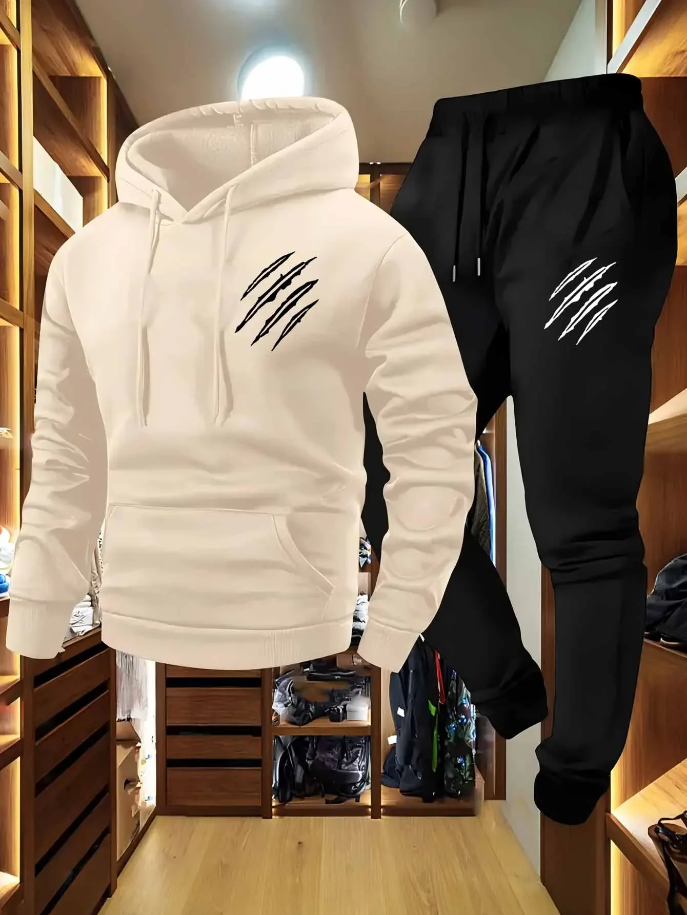 

Winter and autumn fleece thickened hooded pullover sweater jacket for men, casual sports outfit, two-piece set for men