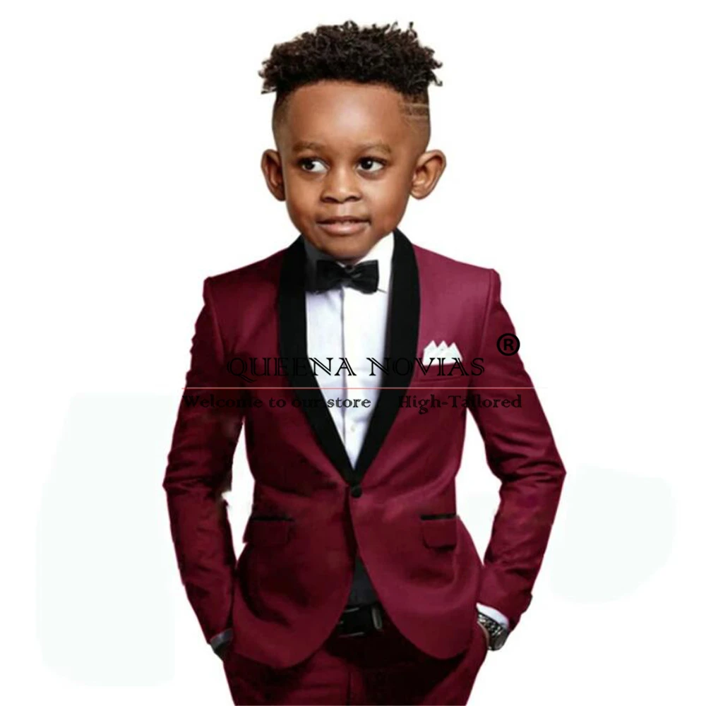 Burgundy Boy's Attire Suits Black Peak Lapel Jacket Vest Pants 3 Pieces Children Formal Wedding Party Tuxedos Custom Made Blazer