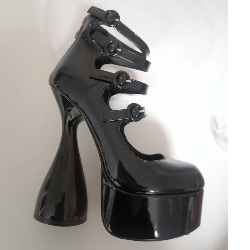 Onlymaker Platform High Heels Strange Style Heels Buckle Decoration Patent Leather Ankle Strap Spring Autumn Fashion Sandals