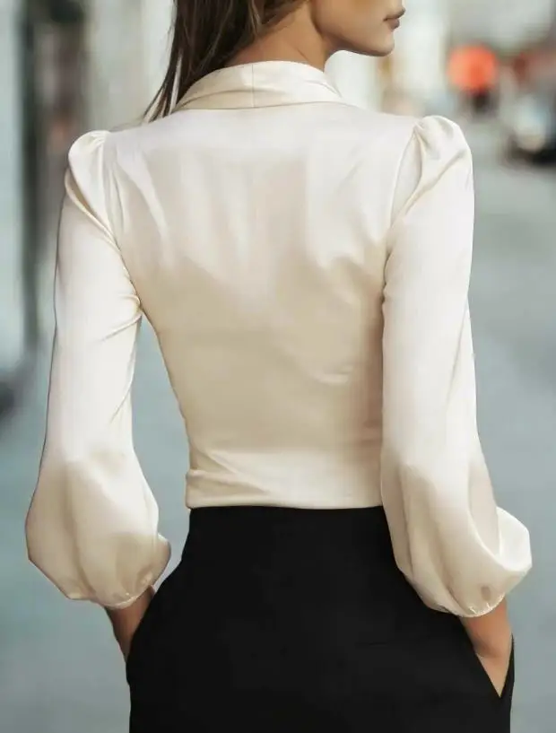 Effen kleur V-hals vetersluiting slim fit premium satijnen chiffon shirt voor dames, elegant en lantaarnmouwen woon-werkverkeer chiffon shirt