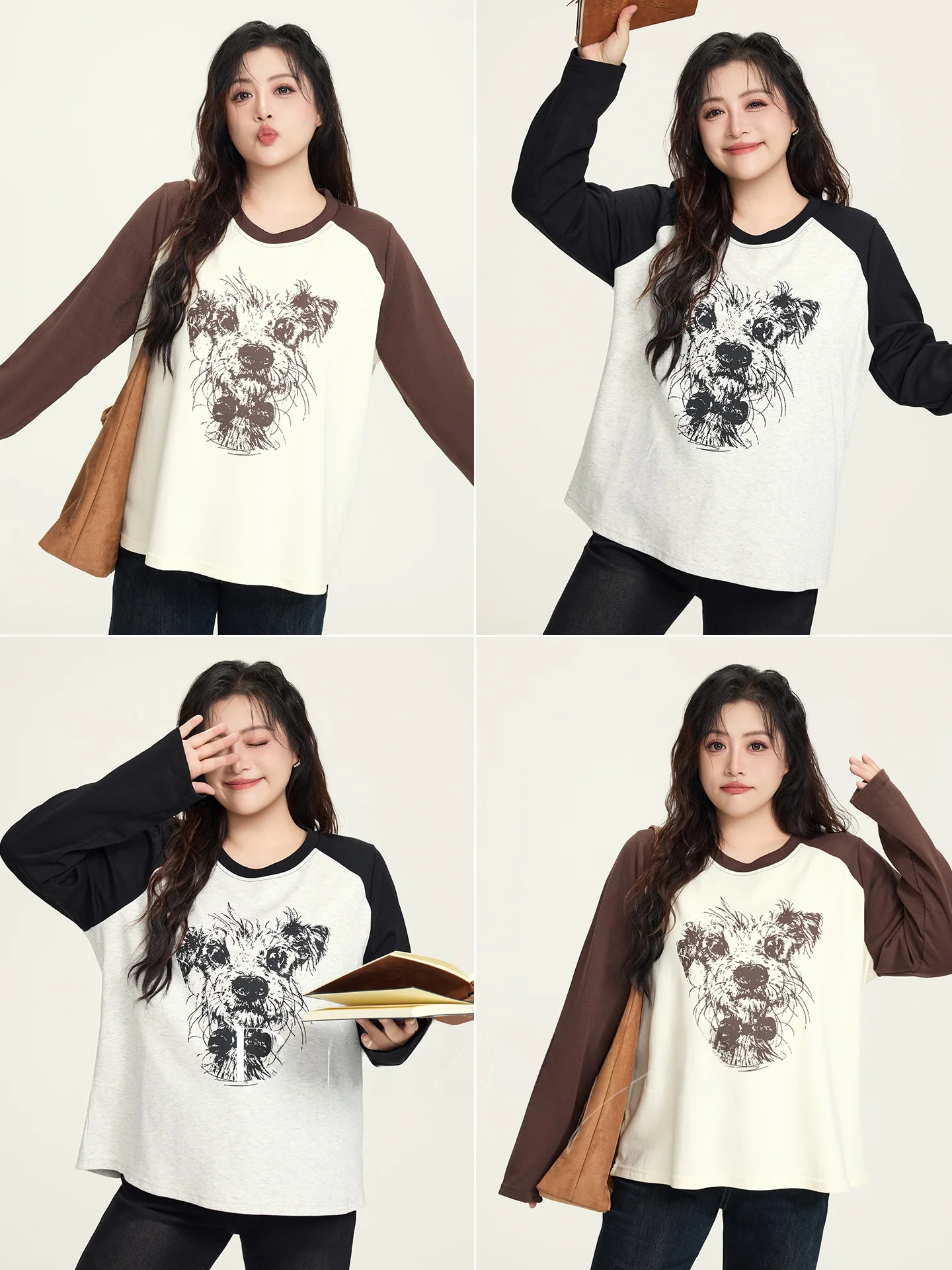 

Loose Long Sve T-irt Cartoon Dog Print oulder Insertion Women's Casual Top plus Size Inner Wear for Autumn
