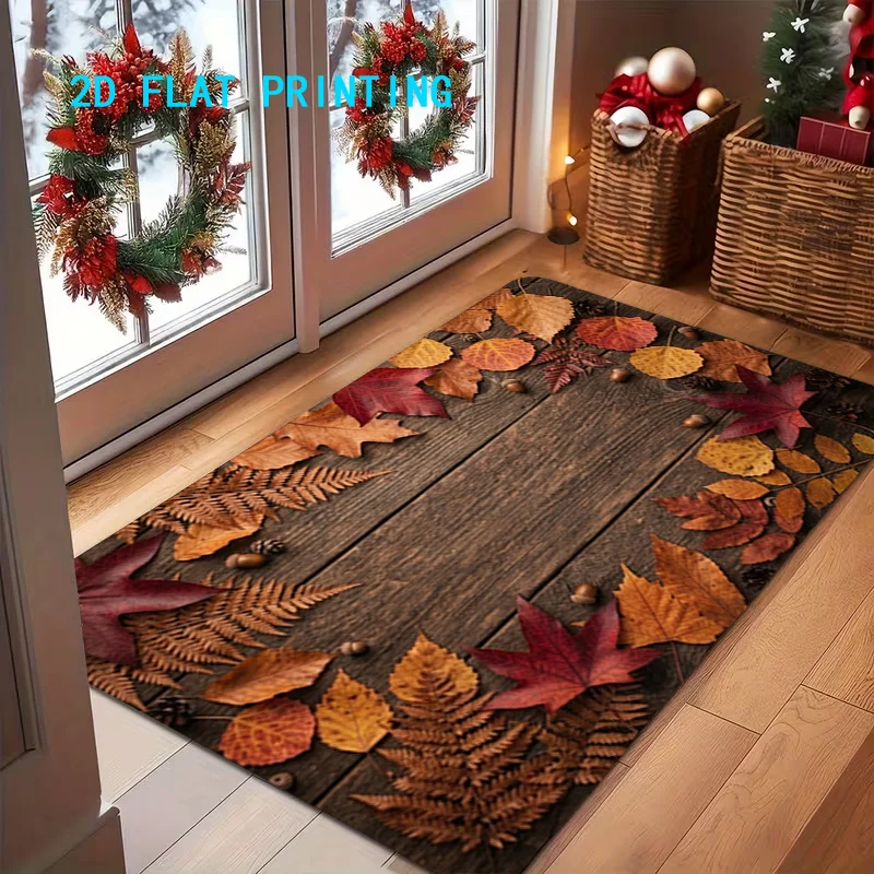 Retro Autumn Harvest Doormat Acorn Foliage Graphic Entryway Mat Washable Floor Rug for Farmhouse Style Indoor Home Accent