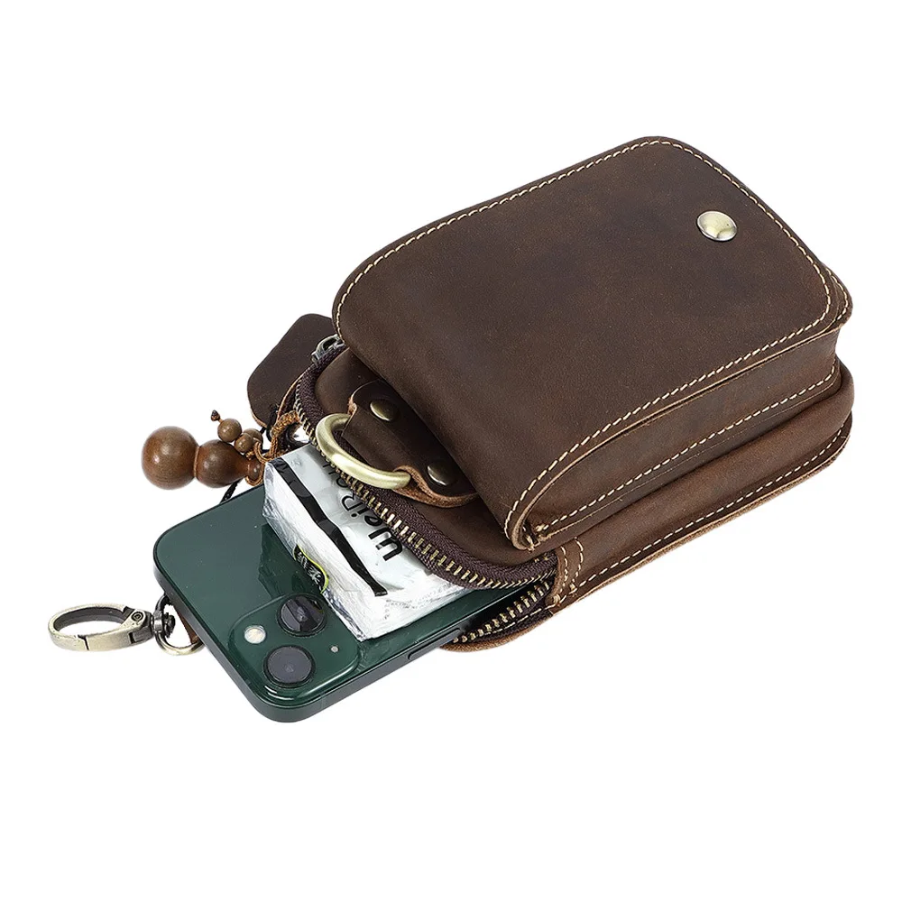 Men\'s Waist Bag Crazy Horse Leather On Belt Mobile Phone Bag Belt Pouch Leather Cellphone Pouch Fanny Pack Mini Male Waist Bag