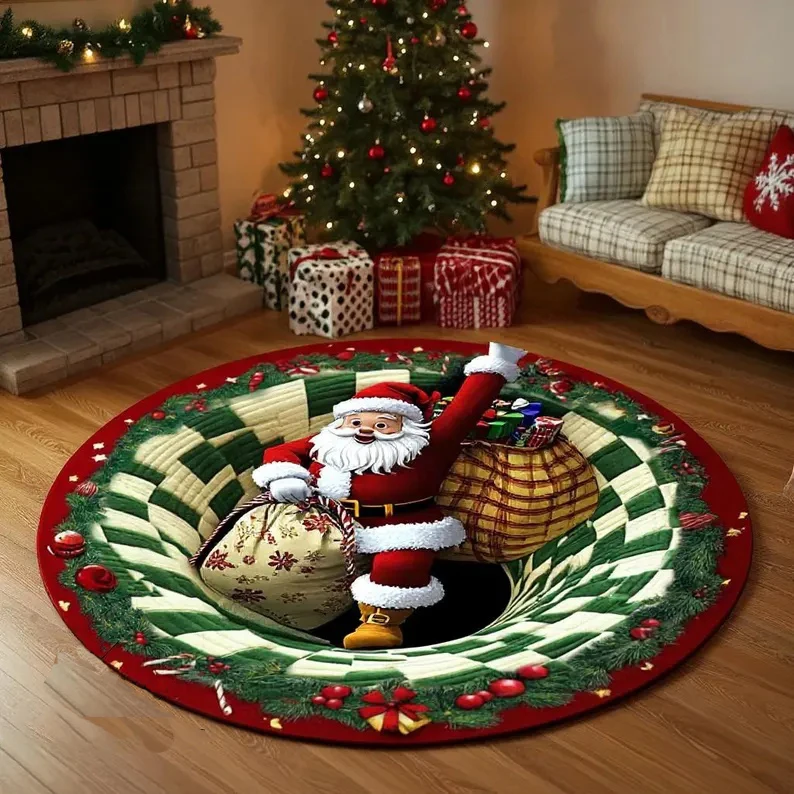 

3D Рождественский ковер Круглый рождественский ковер Золотой праздничный узор Ковер Черный праздничный напольный ковер Деревья Дизайнерский ковер из конфетной трости