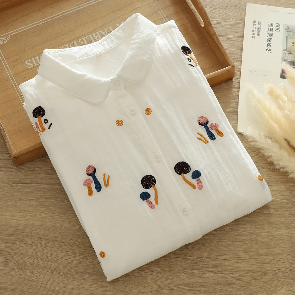 Japanese Sweet Mori Girl Flower Embroidery Double Layer Cotton Shirts Women Spring Turn Down Collar Long Sleeve Casual Blouse