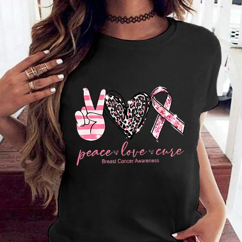 

Hot Sales Peace Love Cure Breast Cancer Awareness T Shirts Women Summer Cool Short Sleeves Personality Harajuku T-Shirt