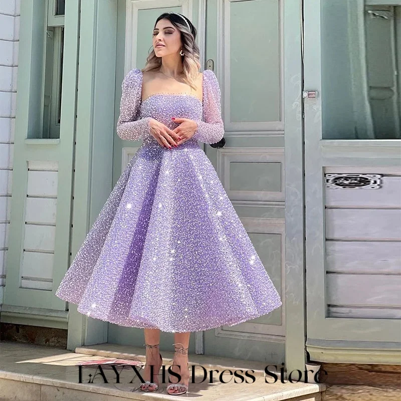 

LAYXHS Elegant Square Neck Evening Dresses Long Sleeves Glitter Basque A-line Prom Dresses Customized فستان سهرة نسائي