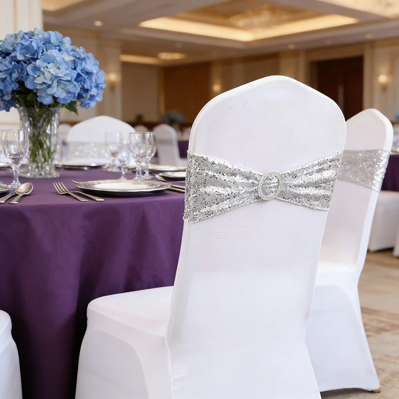4/6/12/50/100 Pcs Chair Sashes Glitter Sequin Tie Spandex Knot Back Elastic Belt Bow For Hotel Banquet Wedding Party Event Decor