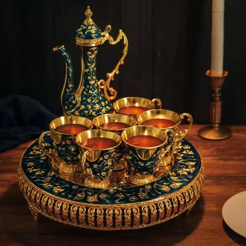 Vintage Extra Large Turkish Coffee & Tea Pot Set for 6 with Large Crystal Tray & Teapot Gold with Style Crystals Relief printing