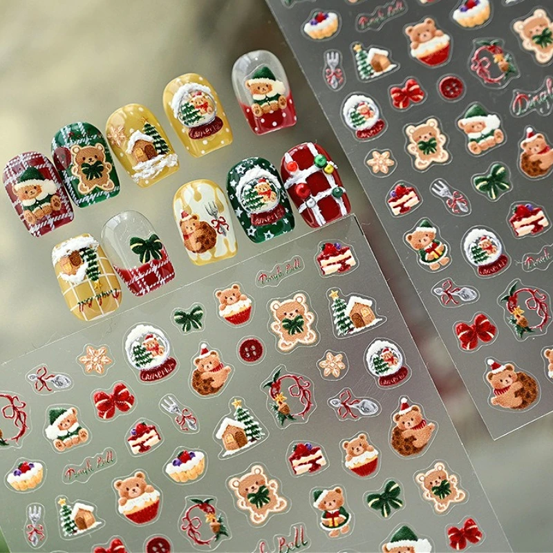 

Lovely Cartoon Bowknot Gingerbread Bear Cake Cookies SnowBall Christmas 5D Embossed Nail Art Stickers Xmas Cute Manicure Decals