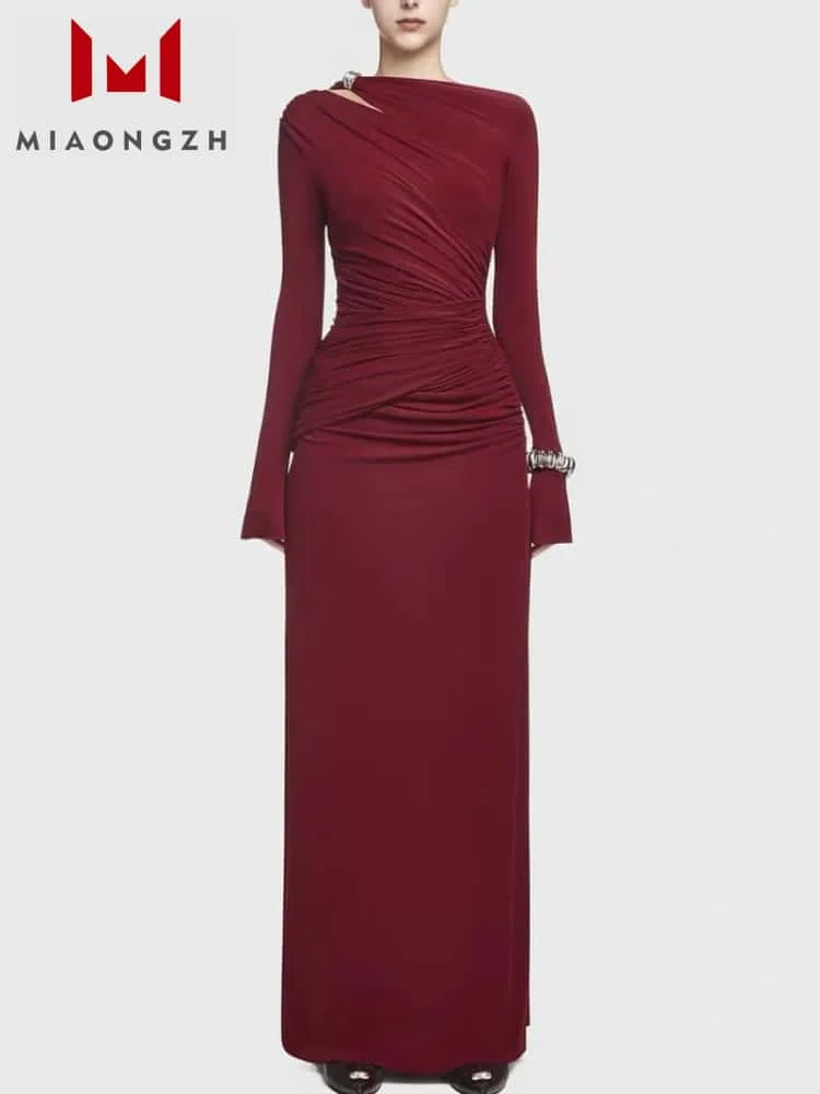 

Fashion Hollow Out Patchwork Folds Elegant Dresses Round Neck Long Sleeve For Women Temperament New Party Dress Female Clothing