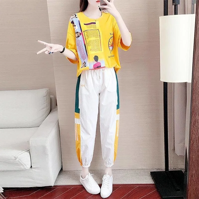 Women\'s Casual Sweat Suits Plus Size Clothing 2024 Summer New Fashion Loose Korean Pants Short Sleeve Top 2 Two Piece Set Ladies