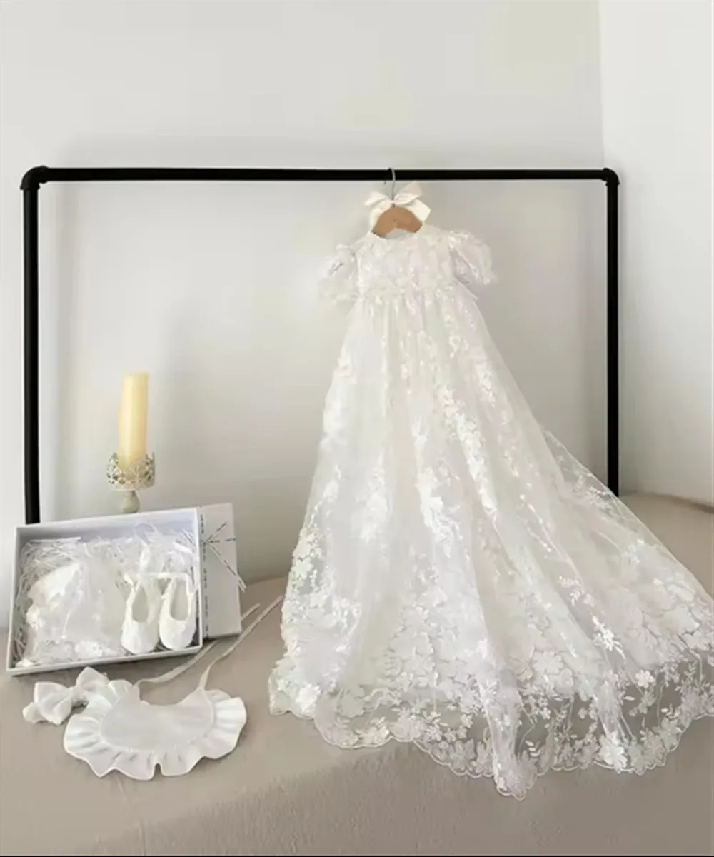 فستان زفاف أنيق مخصص لفتاة الزهور مزين بالدانتيل فستان تعميد الطفل للأطفال لأعياد الميلاد الأولى