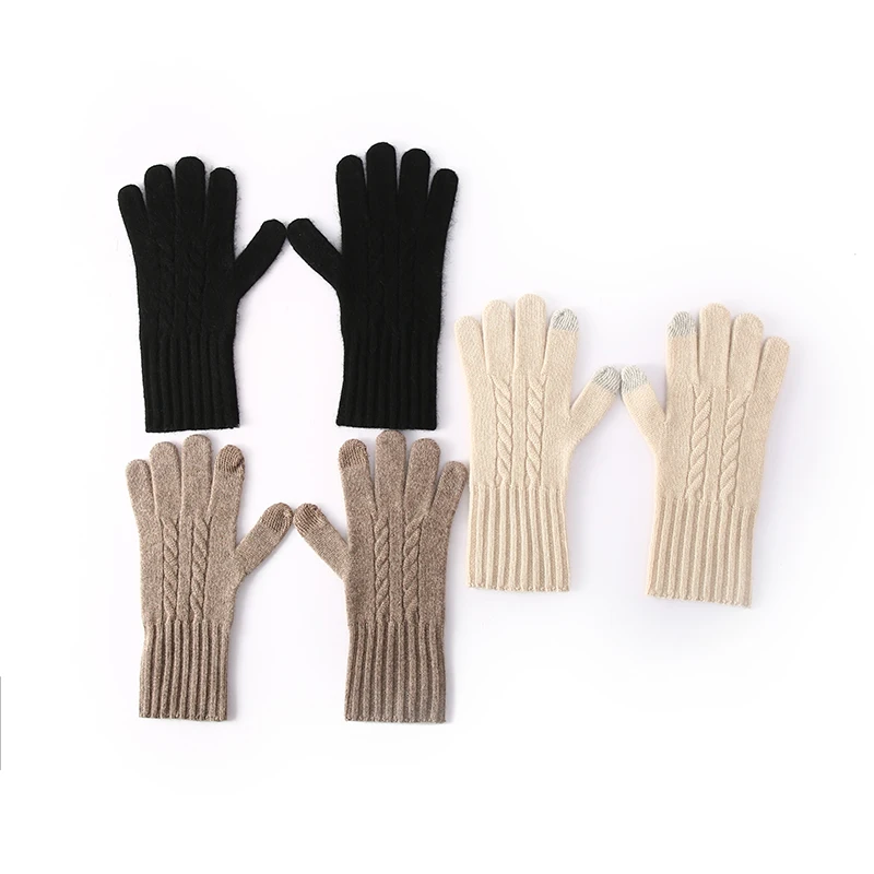 Simple 100% Cashmere Gloves Warm Couple Style Autumn Winter Cold-Proof Fleece-Lined Thickened Touchscreen Finger Gloves