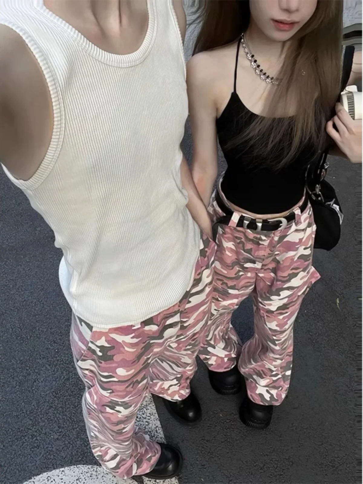 

Розовые камуфляжные рабочие брюки, мужские весенне-осенние винтажные ретро-ножи, американские уличные прямые широкие длинные брюки