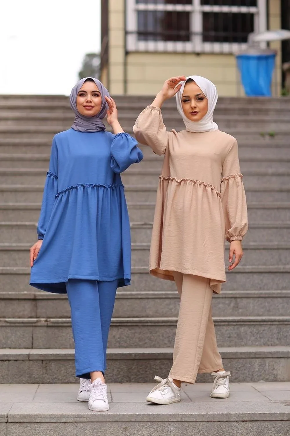 Muslim Two Piece Set Women Ramadan Lace-up Abaya Turkey Dubai Hijab Prayer Dress Wide Leg Pants Kaftan Moroccan Muslim Clothes