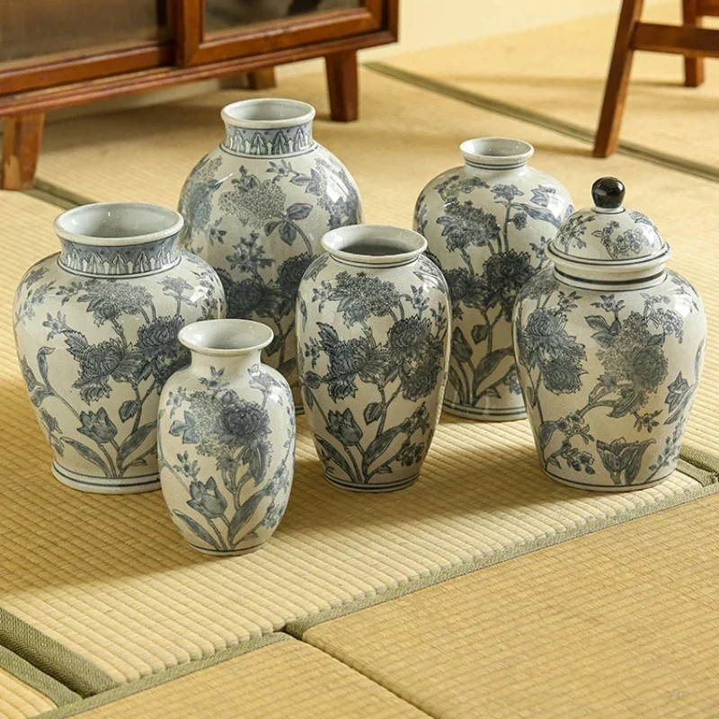 Four Seasons Hydrangea Ceramic Vase New Chinese Blue and White Porcelain Decoration Retro