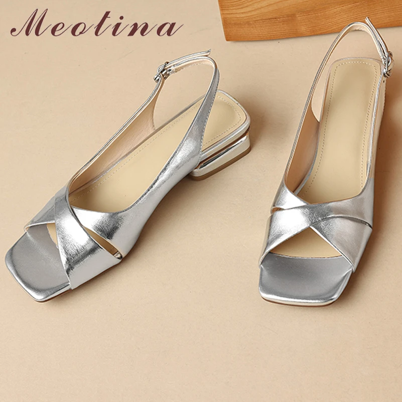 Meotina Women Genuine Leather Sandals Square Toe Thick Low Heels Buckle Ladies Fashion Casual Shoes Summer Gold Silver Beige 40