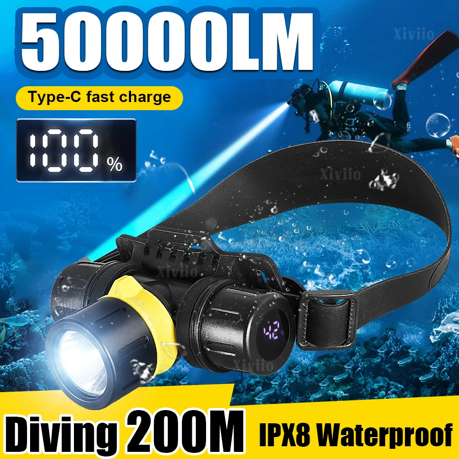 2026 5000LM linterna frontal de buceo LED profesional IP8 faro impermeable bajo el agua 200M potencia Digital linterna de cabeza de buceo recargable