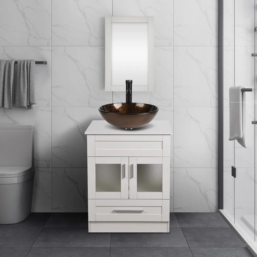 

24 In Bathroom Vanity Sink Set Stand Cabinet Mirror Faucet Pop up Drain Black