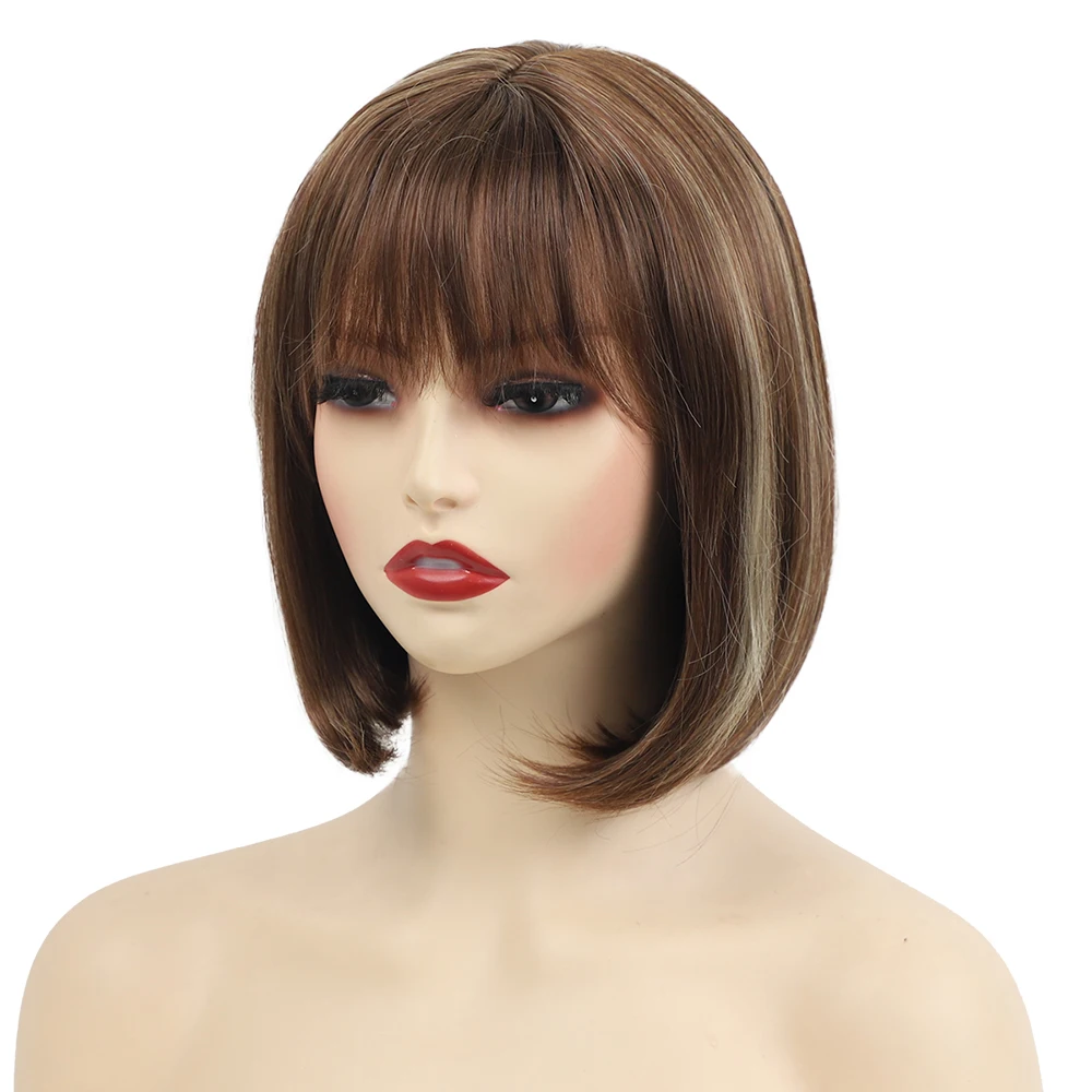 Japanese Hair Women's Synthetic Brown Bob Wigs with Bangs Fashion Soft Heat Resistant Silk Straight Daily Cosplay Party Wigs