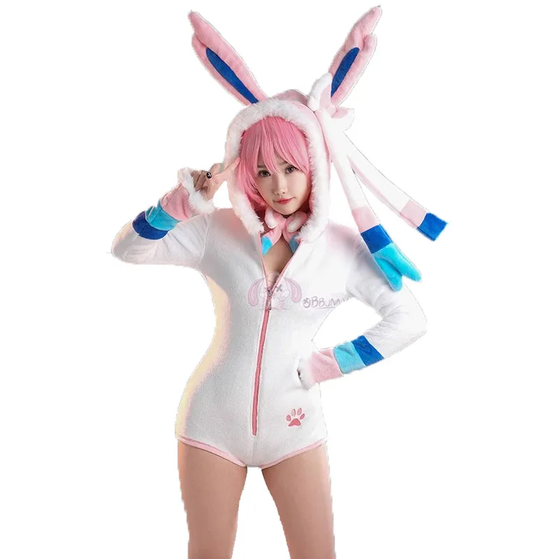 

Anime Eevee Cosplay Costume Women Sexy Flannel Hooded Bodysuit Socks Set Bunny Girl Kawaii Plush Pajamas Halloween Cute Dress Up