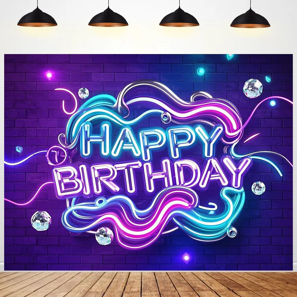 

Neon Glow Happy Birthday Party Backdrop Photography Boy dult Background Wall Supplies Austomized Poster in The Dark Party