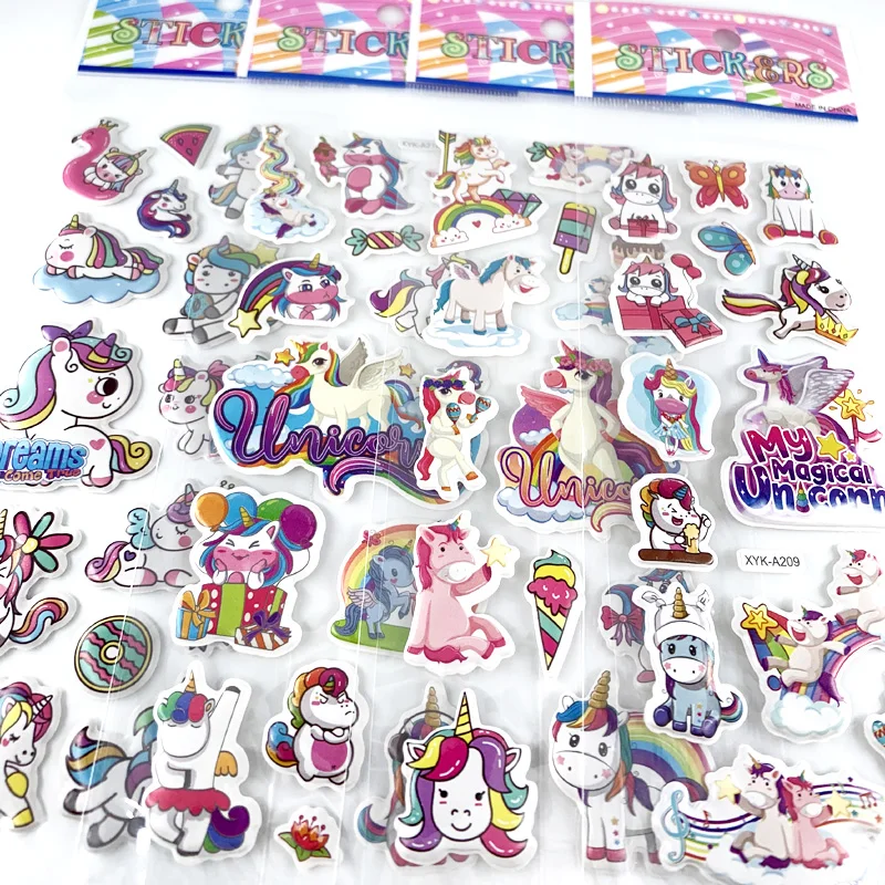 8 Sheets/Pack Cartoon Unicorn 3D Puffy Stickers for Kids Reward Scrapbook Sticker Notebook Decoration