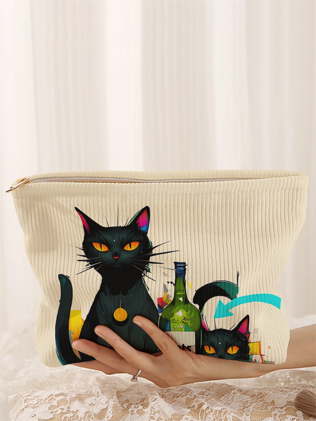 

Вельветовая косметичка с рисунком кота 1, легкая коробка для хранения косметики на молнии, многофункциональная сумка на подкладке