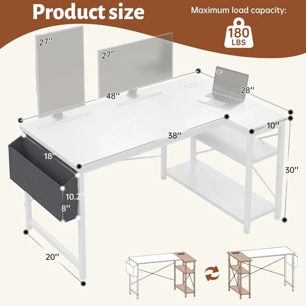 48 Inch L Shaped Desk with Storage Shelves & Side Bag, Computer Desks