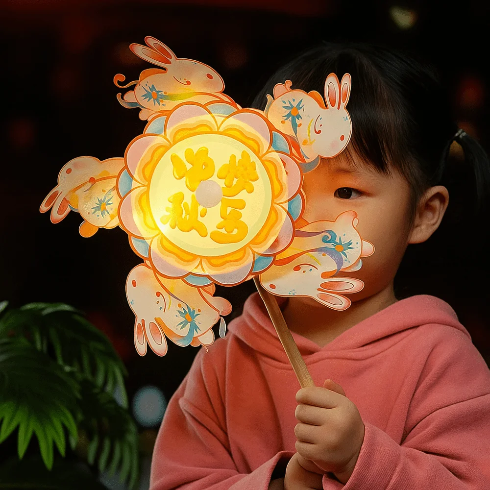Light up Rotating Windmill Lantern China-Chic Handmade Mid Autumn Lantern Handheld DIY Material Bag Rabbit Windmill Lantern