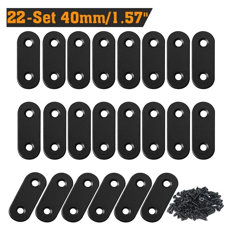 Promotion! 22 Pcs Straight Brace Brackets Stainless Steel Black Mending Plate Connector With Screws Flat Brackets For Wood