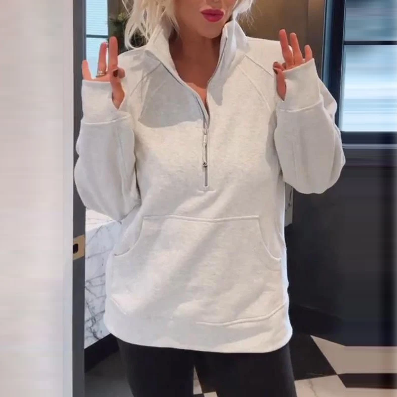 

Casual Women Lapel Neck Long Sleeve Furry Sweatshirts Fall 2024 Solid Color Warm Fleece Hoodie 2024 Zipper Design Loose Pullover