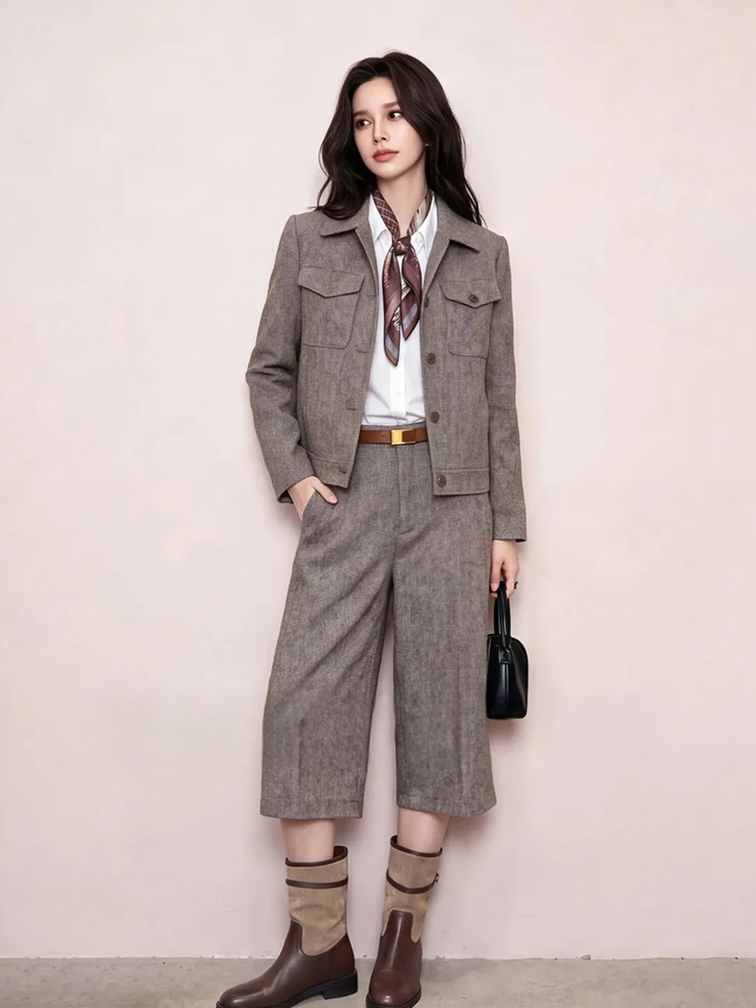 Elegant Autumnal Women's Two-Piece Suit Set High Intelligence Commuting Jacket Outerwear with Mid-Length Pants