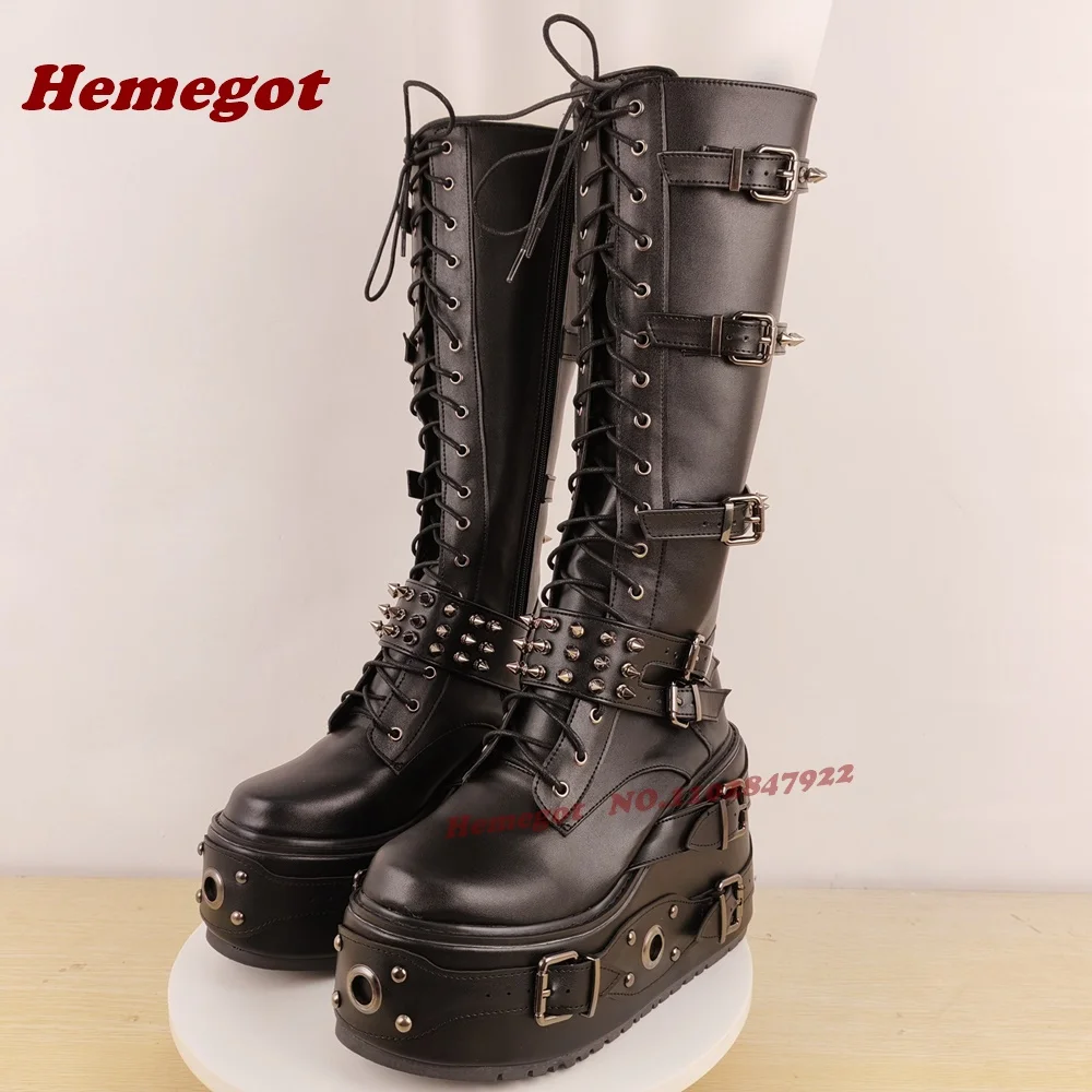 

Black Rivet Platform Motorcycle Boots Round Toe Metal Decor Buckled Knee High Boots for Women Lace-Up Studded Wedges Shoes Sexy