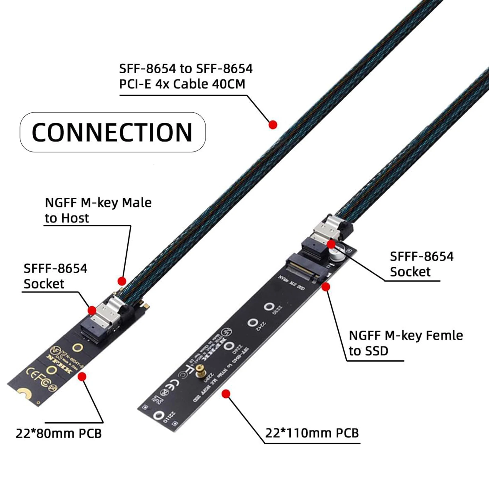 M.2 NVME NGFF M-Key SSD Male to Female Extension Cable 40cm with SFF-8654 Connector Adapter for Mainboard SSD 2280/22110
