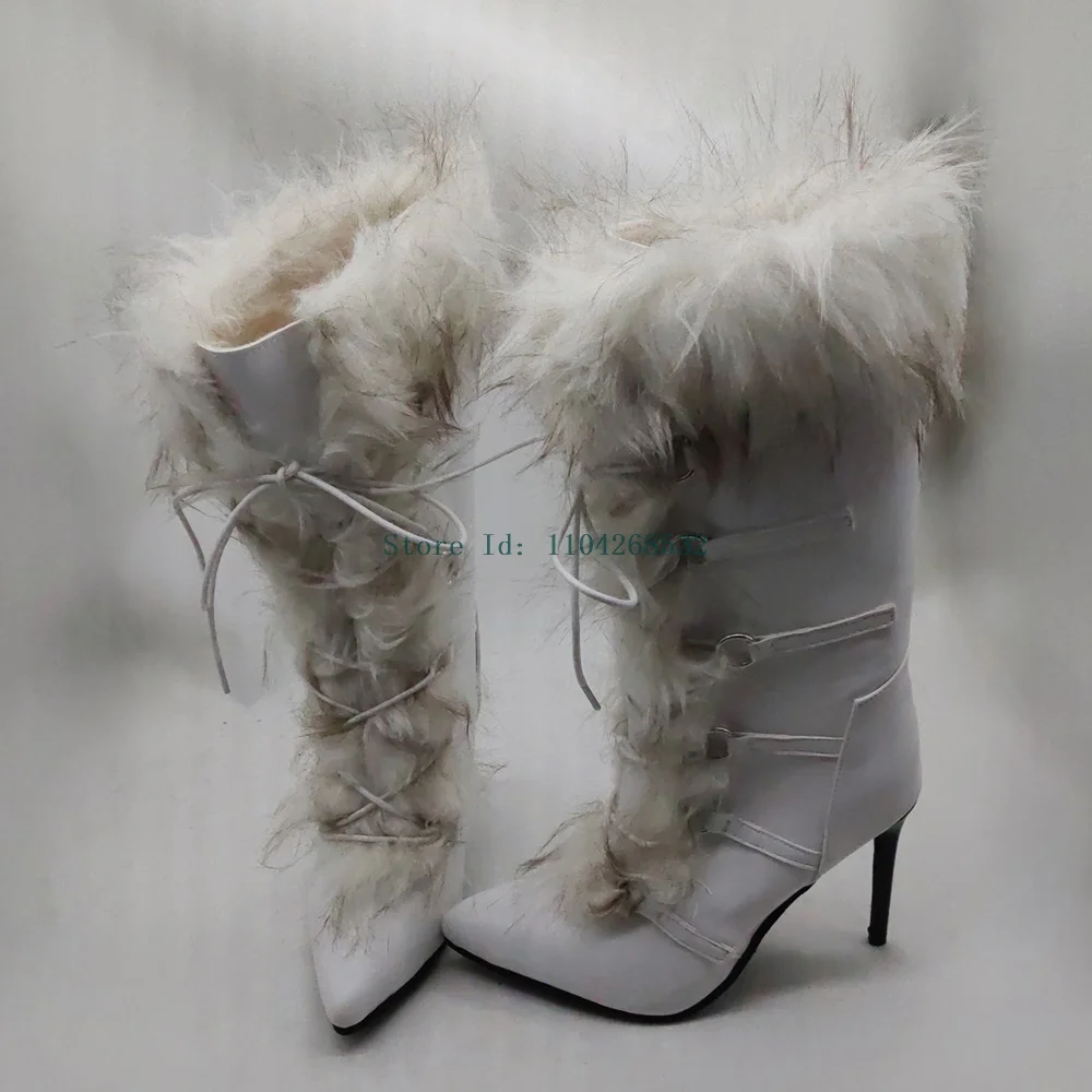 

White Fur Buckle Multi Strap Genuine Leather Boots Knee High Pointed Toe Stiletto New Arrivals Sexy Fashion Lady Womern Boots