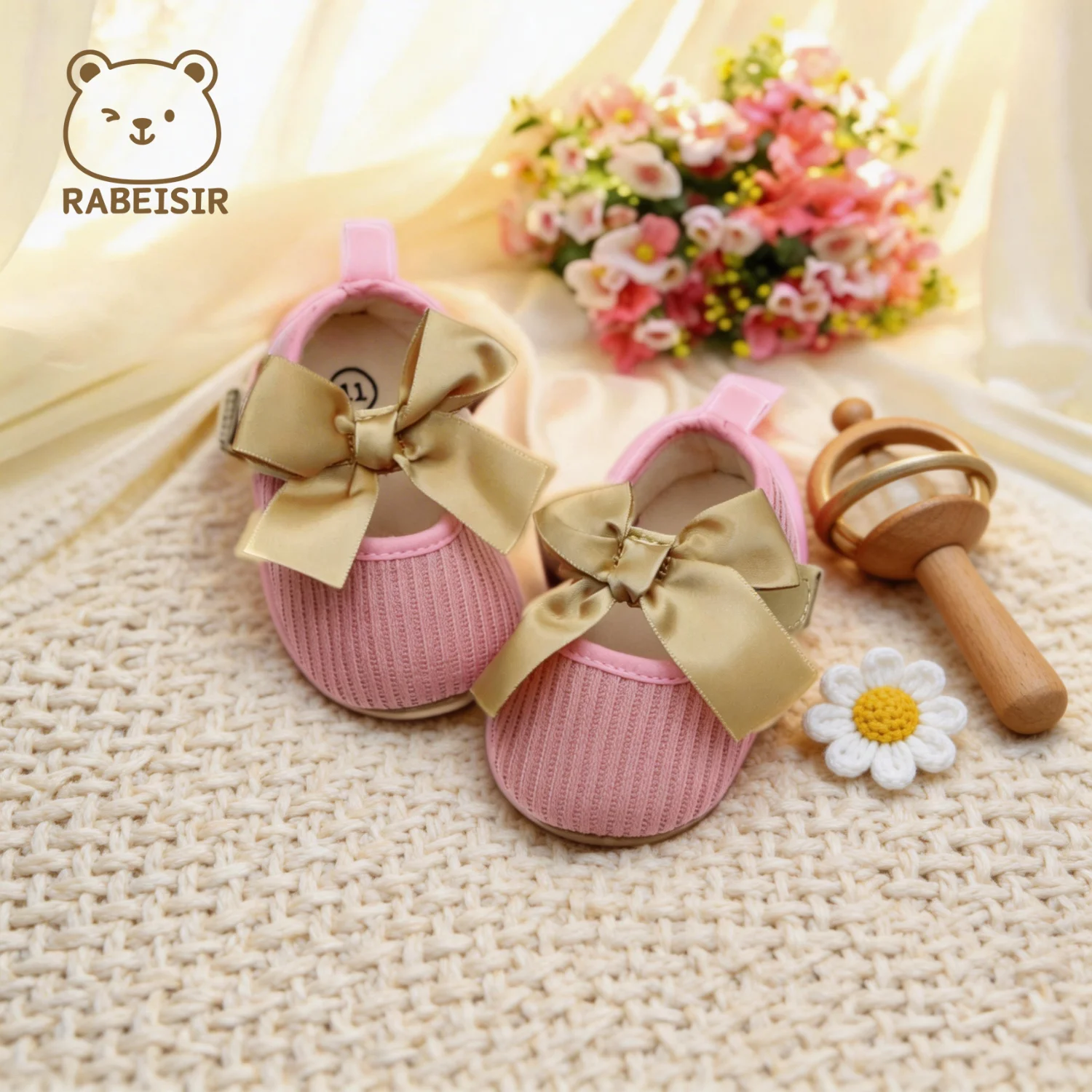 Baby Girls Pink Knit Princess Shoes 0‑18 Months Large Satin Gold Bow Decor Hook&Loop Soft Sole Infant First Walker Shoes
