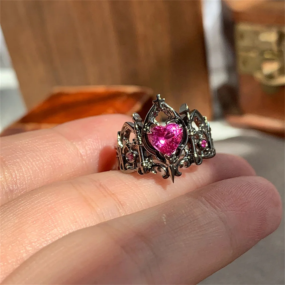 Gothic Cross Crown Love Heart Ring For Women Men Vintage Irregular Adjustable Opening Ring Halloween Party Jewelry Accessories