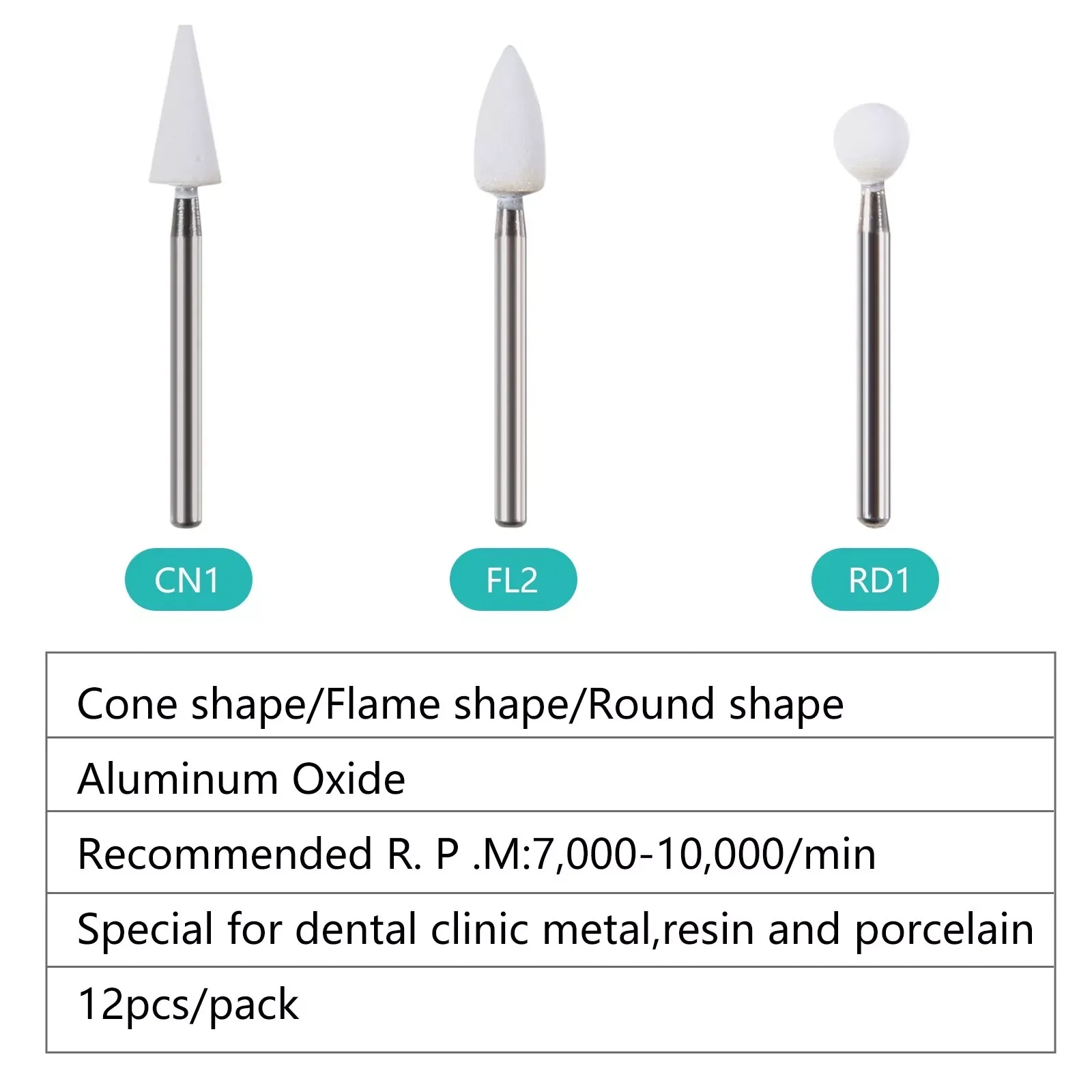 3Types Dental White Stone Porcelain Resin Handpiece Polishing Bur Burr Cone Flame Round