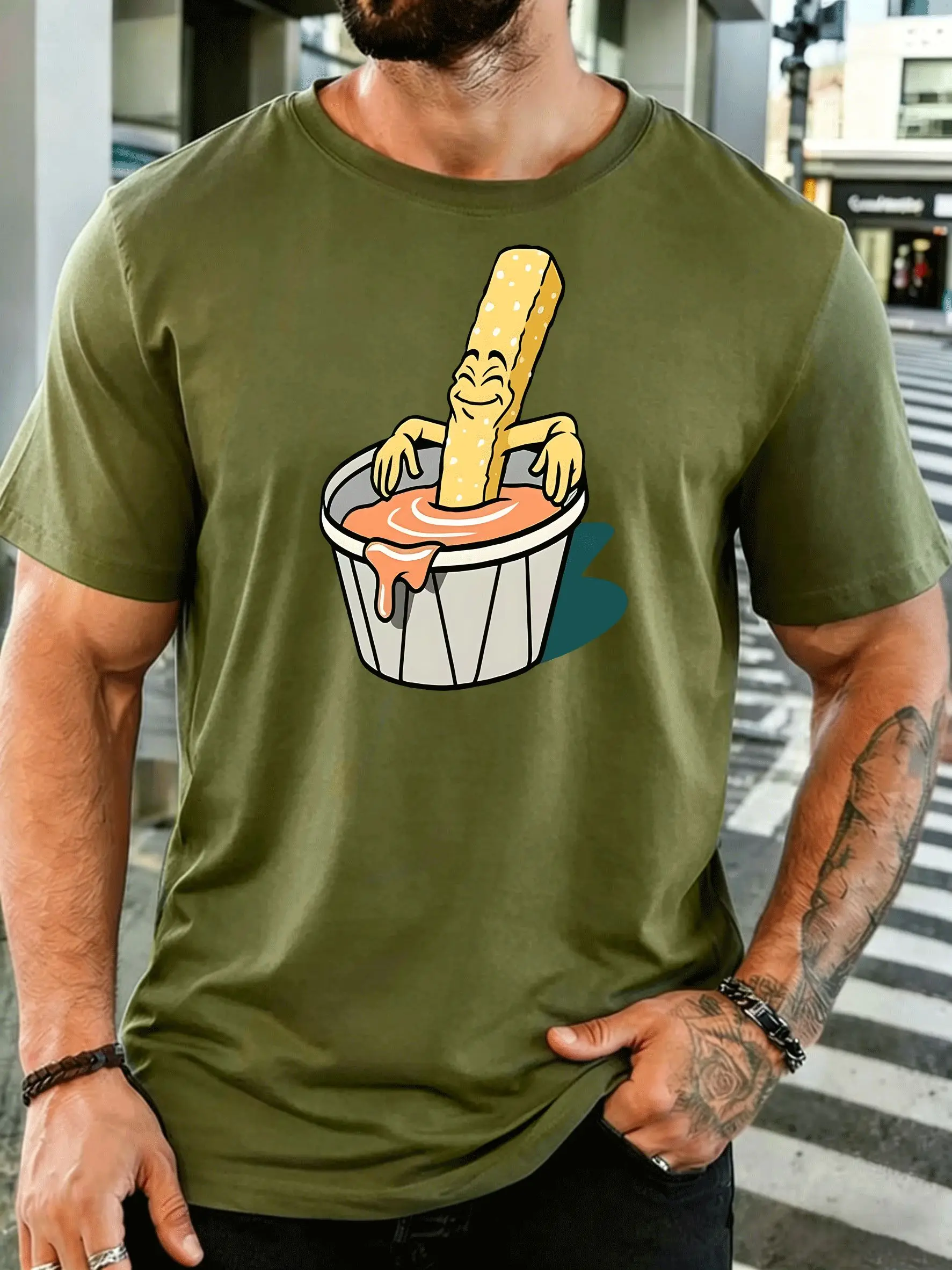 Funny French Fry In Sauce Mens Front Print T Shirt Cartoon Snack Character Graphic Tee Casual Short Sleeve Top Food Lover Gift
