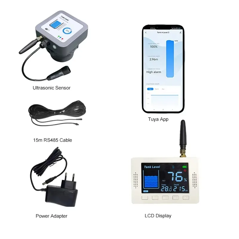 Contactless RS485 Wired Ultrasonic Level Monitor LCD Display 10 Meter Tuya Ultrasonic Water Tank Level Sensor