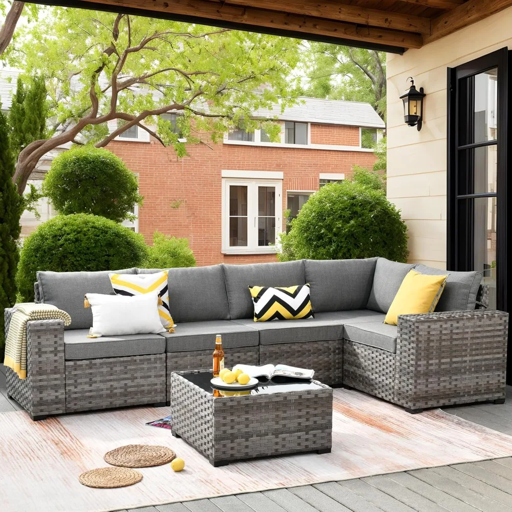 

6 Pieces Patio Furniture Set, Outdoor Wicker Sectional Sofa with Glass Table Comfy Cushions, Modern Modular Deep Seat.