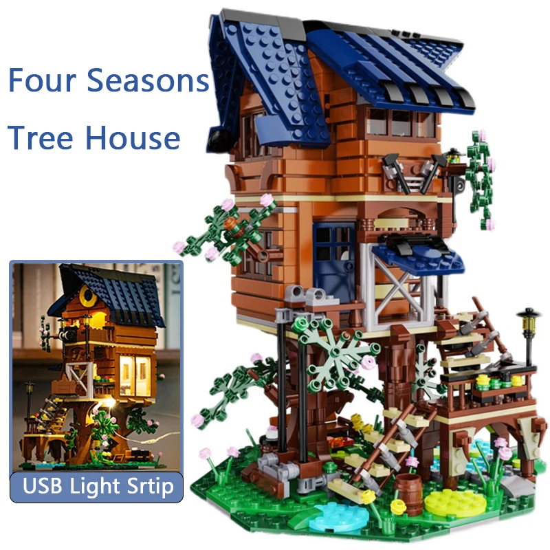 

1155PCS Creative Four Season Tree House Building Blocks Street View Architecture Model With LED Lights Bricks Toys For Kids Gift