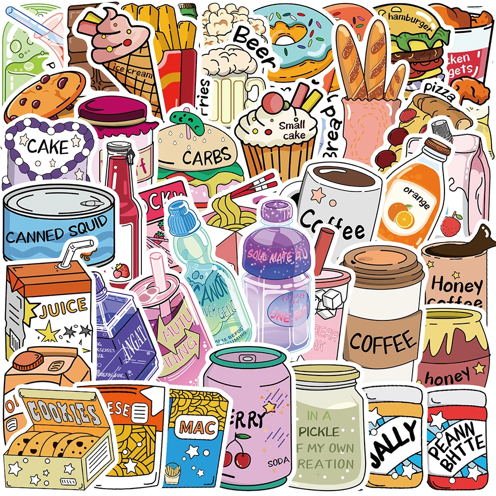 10/30/50pcs Funny Snack Food Cartoon Stickers Decals for Kid Toy DIY Phone Case Fridge Suitcase Cute Drink PVC Sticker Wholesale